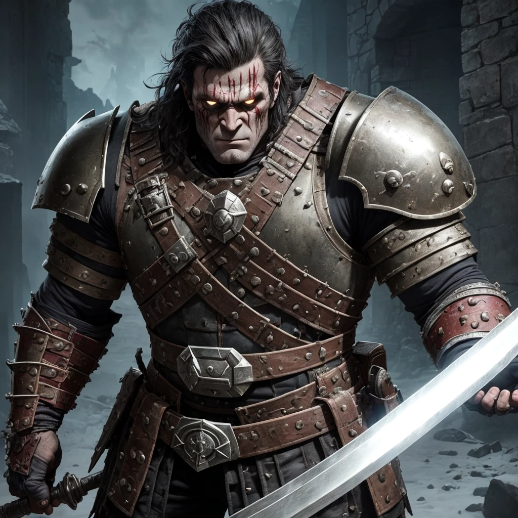 The Frankenstein warrior every piece of him is from a totally different body, he has an eye in the middle of his chest, His armor is a variation of several colors, His helmet is badly destroyed, showing his scarred face. He finds himself inside an abandoned castle and carries a sword made of flesh that is fused with his arm., He has a very dark appearance because he is a mix of warrior with Frankenstein, leaving a greater emphasis on the armor and with details of various armor colors