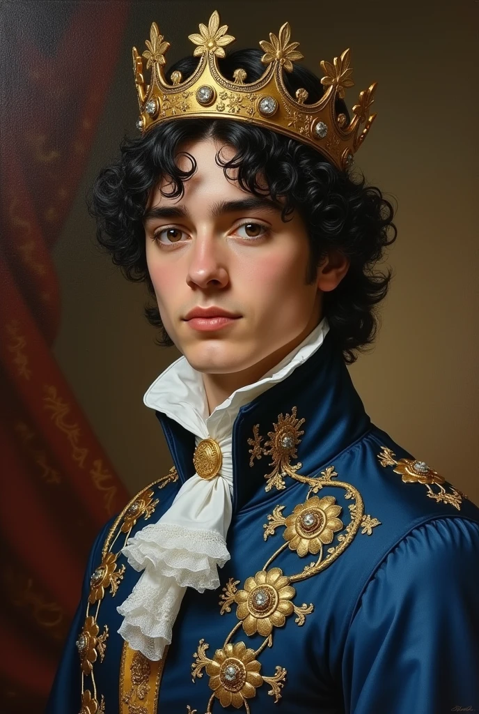 make an oil on canvas portrait of a 2 italian prince, he have black curly hair, wear a crown and a Savoy blue cerimonial clothes of prince, have brown eyes and olive skin, he is from victorian era, he looks like the young version of the actor who played Geralt of Rivia in The Witcher series