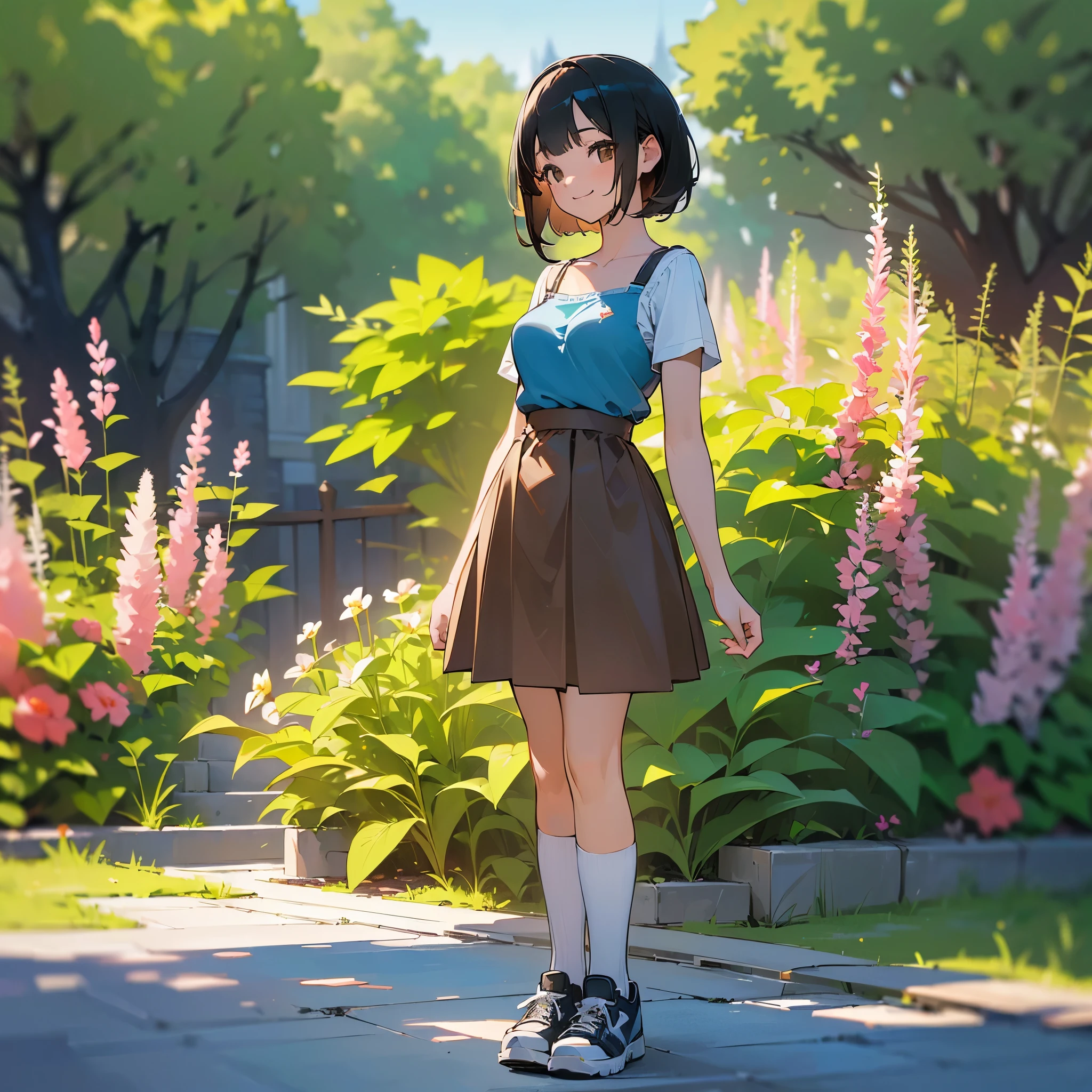 (high quality, High resolution, Very detailed, reality:1.37), Peaceful atmosphere, (Outdoor, garden),  girl standing alone, (my breasts are big.), Beautiful details, Cute Smile, (Black bob hair), camisole, Brown Skirt, Blue socks, sneakers.