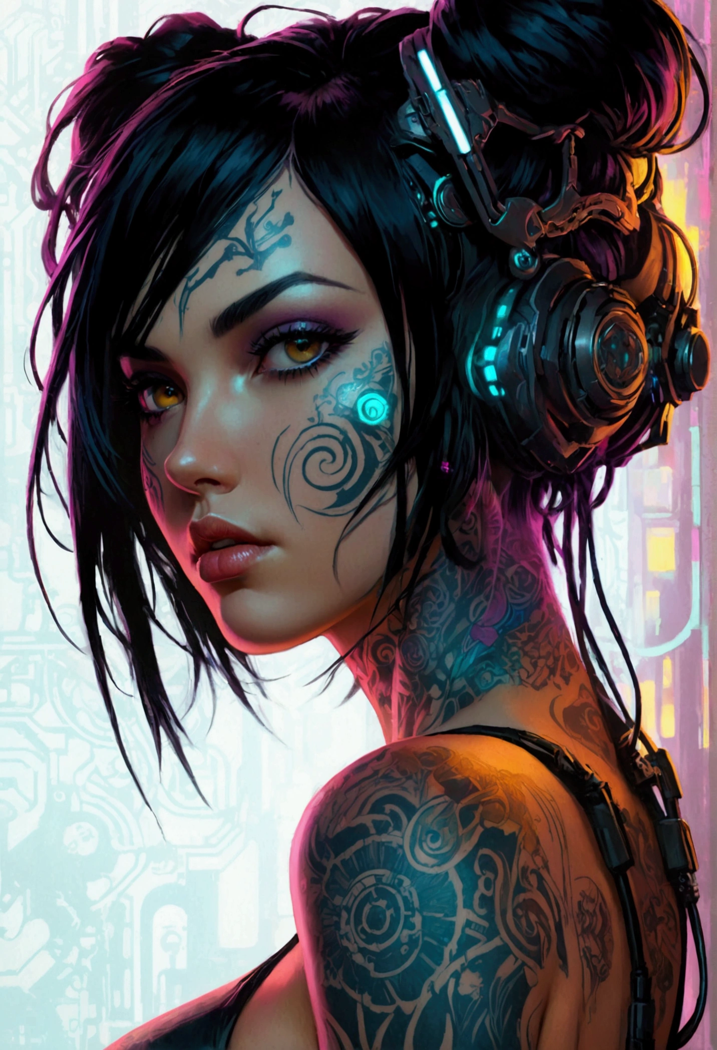 a fullbody view of a woman with tattoos on her body, seductive cyberpunk dark fantasy, ornamental gothic - cyberpunk, cyberpunk art style, advanced digital cyberpunk art, cyberpunk art, cyberpunk themed art, cyberpunk vibrant colors, digital cyberpunk - anime art, cyberpunk style color, cyberpunk dark fantasy art, jet black haired cyberpunk girl, cyberpunk artstyle, dreamy cyberpunk girl, cyberpunk beautiful girl