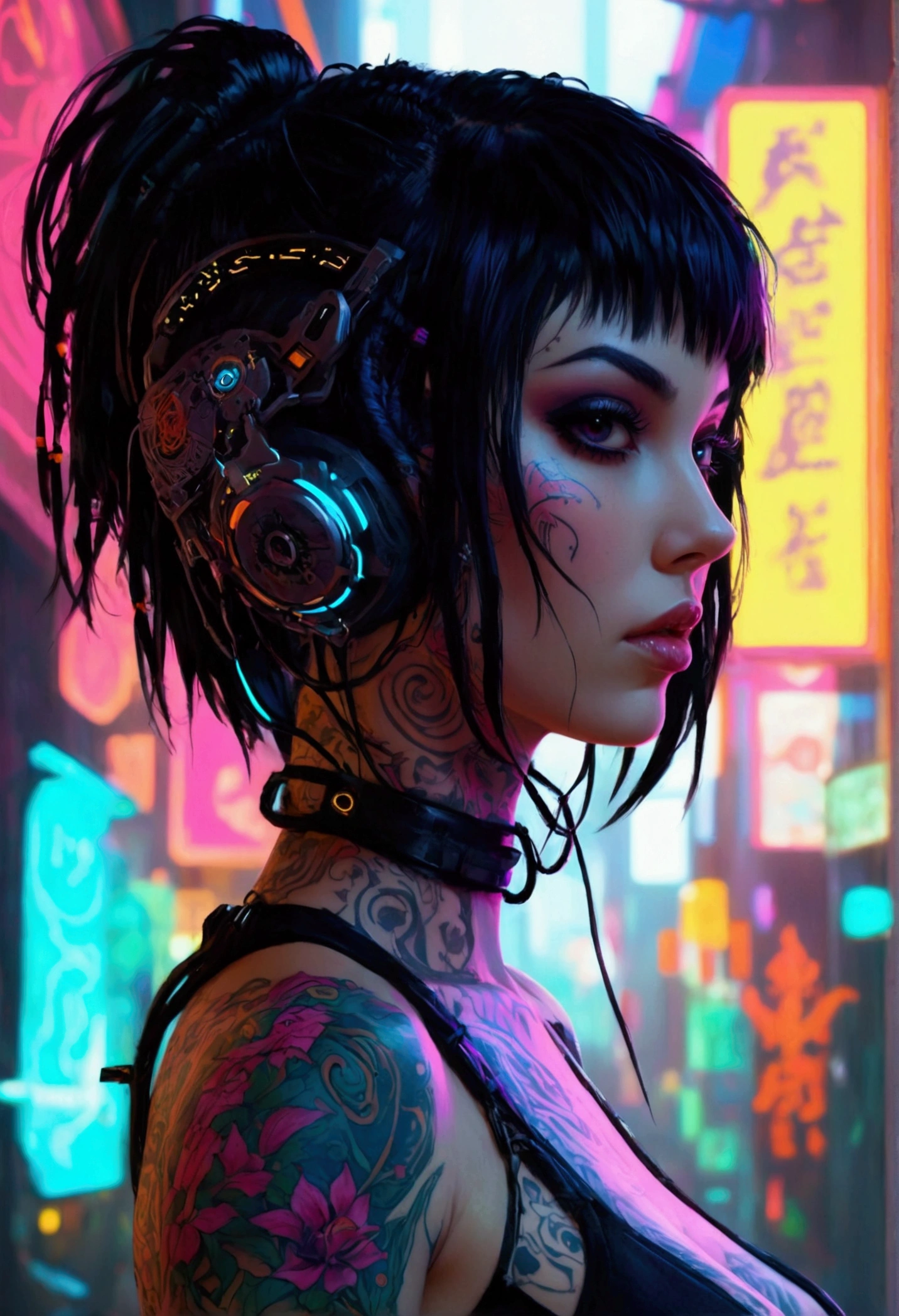 a fullbody view of a woman with tattoos on her body, seductive cyberpunk dark fantasy, ornamental gothic - cyberpunk, cyberpunk art style, advanced digital cyberpunk art, cyberpunk art, cyberpunk themed art, cyberpunk vibrant colors, digital cyberpunk - anime art, cyberpunk style color, cyberpunk dark fantasy art, jet black haired cyberpunk girl, cyberpunk artstyle, dreamy cyberpunk girl, cyberpunk beautiful girl