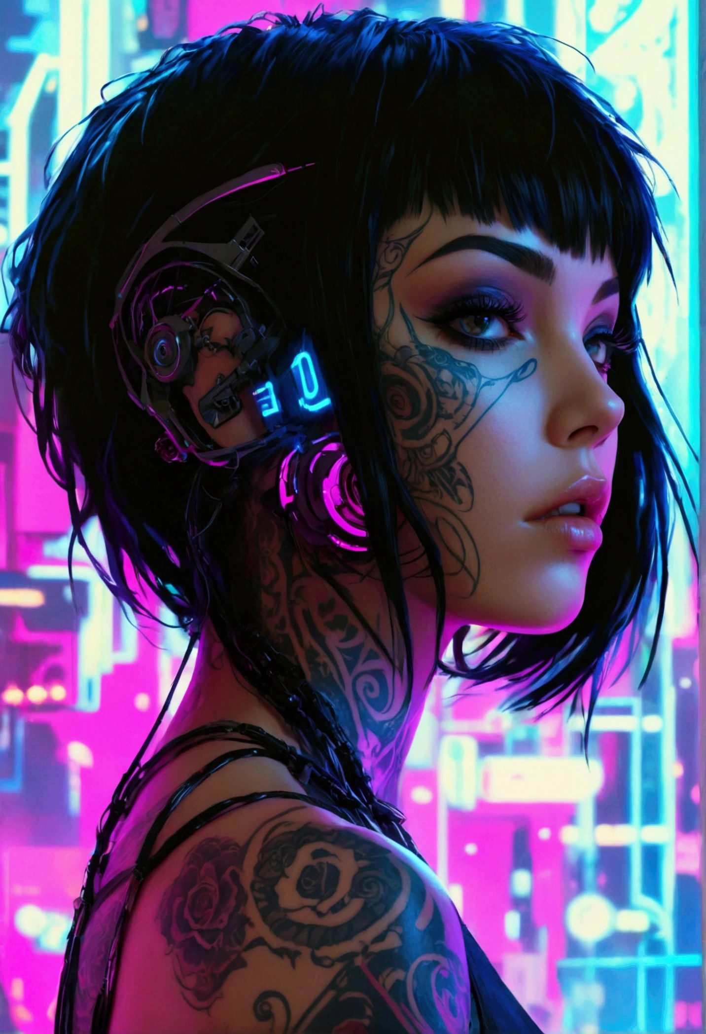 a fullbody view of a woman with tattoos on her body, seductive cyberpunk dark fantasy, ornamental gothic - cyberpunk, cyberpunk art style, advanced digital cyberpunk art, cyberpunk art, cyberpunk themed art, cyberpunk vibrant colors, digital cyberpunk - anime art, cyberpunk style color, cyberpunk dark fantasy art, jet black haired cyberpunk girl, cyberpunk artstyle, dreamy cyberpunk girl, cyberpunk beautiful girl