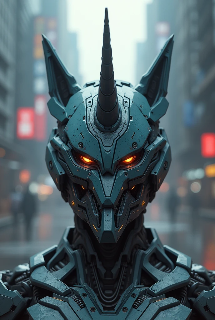 Gundam head with unicorn like horn in the middle