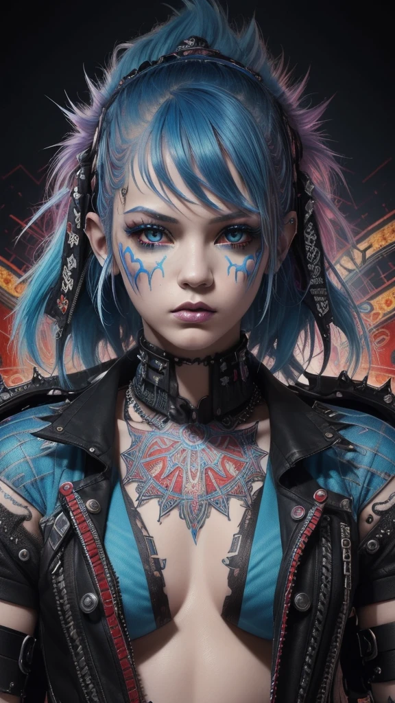 (Masterpiece, Top Quality, Best Quality, Official Art, Punk Beauty and Aesthetics: 1.2), (1 Punk Girl)blue hair, Extreme Detail, (Fractal Art: 1.5), Colorful, Supreme Detail, Perfect Face, Upper Body, HDR, cult, (punk attire red Lines: 1.2), complex background, Light Stripes, Surrealism --niji 50 --chaos 20 --testp