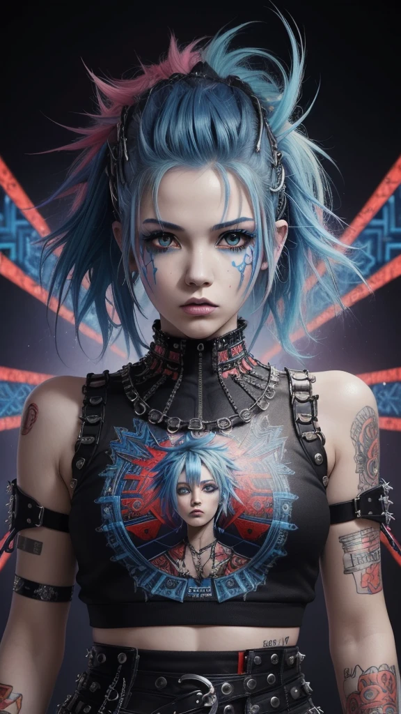 (Masterpiece, Top Quality, Best Quality, Official Art, Punk Beauty and Aesthetics: 1.2), (1 Punk Girl)blue hair, Extreme Detail, (Fractal Art: 1.5), Colorful, Supreme Detail, Perfect Face, Upper Body, HDR, cult, (punk attire red Lines: 1.2), complex background, Light Stripes, Surrealism --niji 50 --chaos 20 --testp
