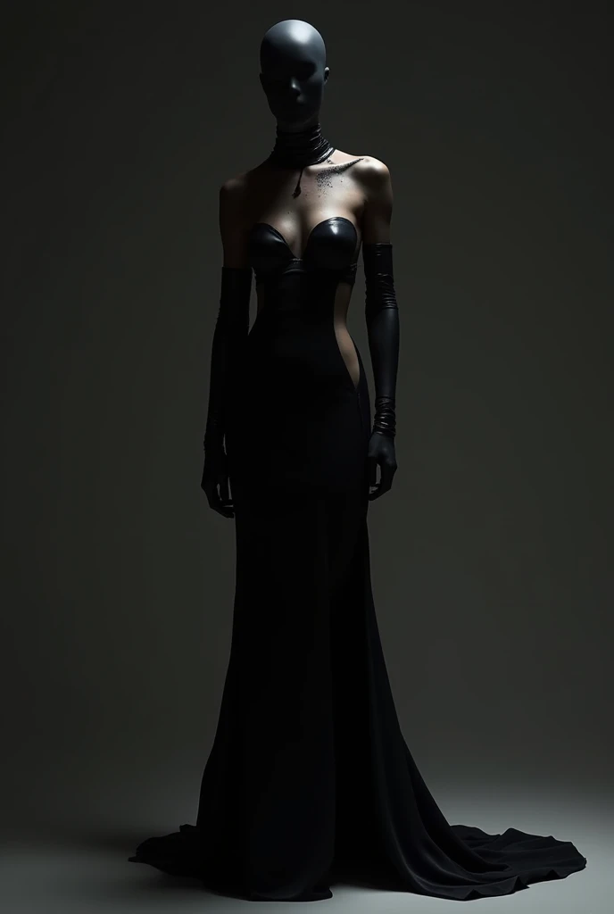 Headless woman, black dress with side opening 