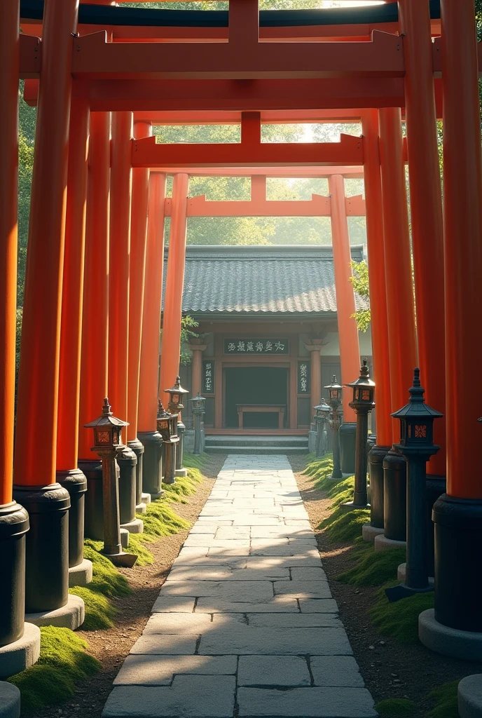 「A realistic depiction of a quiet corner of Kyoto's Fushimi Inari Taisha Shrine。A quiet shrine building smaller than the main hall、wood々Quietly nestled in、Surrounded by countless red torii gates。The road leading to the shrine、Alongside the moss-covered stone lantern、The sound of leaves rustling in the wind echoes quietly。The atmosphere is quiet and sacred.、wood々soft sunlight peeks through the gap,、Casting a gentle shadow on the cobblestone road。Near the shrine、There are several fox statues representing messengers of the Inari god.、Adds a mystical atmosphere to the tranquil surroundings
