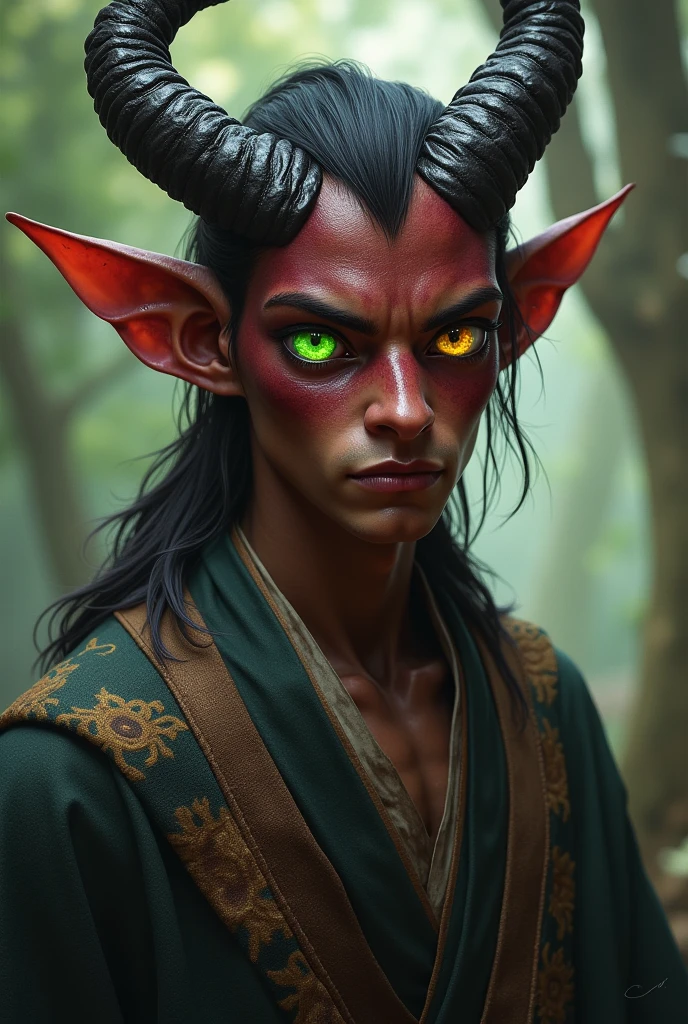 And a character for RPG, a brown-skinned Tiefling with only one horn wearing something similar to a kimono and each of his eyes also has a different color, the right eye has a green pupil and the left is dark with a golden pupil and black sclera.