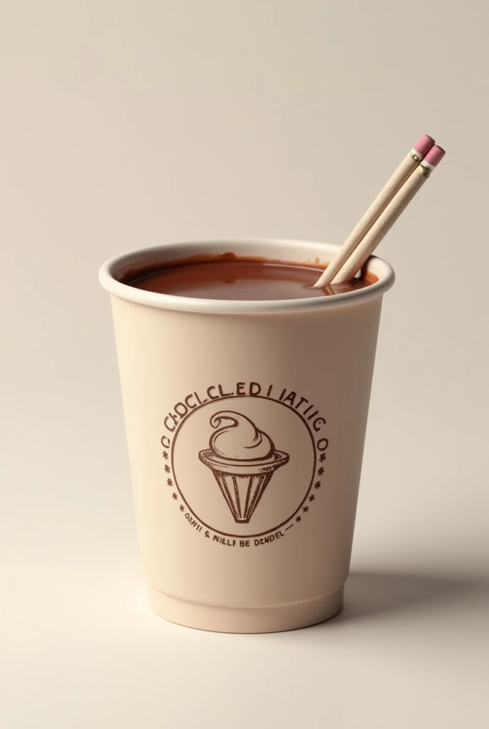 Disposable cup with chocolate milk with a logo that looks like it was drawn in pencil