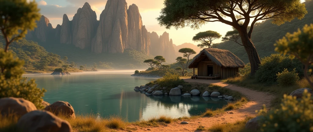 Disney style African wilderness scene, beautiful sunrise over a calm lake, very small African hut on one side of the scene, dramatic cinematic lighting, majestic rock formations, no animals or evil, breathtaking view, high detail, complete study of African languages ​​(best quality, 4k, 8k, high resolution, masterpiece: 1.2), high detail, (realistic, realistic, photorealistic: 1.37), dramatic lighting, cinematic composition Pixar style close to animation, land area larger than the lake Trees and rocks Attention to precise theatrical perspective according to the studies of theatrical perspective Academy of Arts Dr. Louise Malika, high quality on the scale of theatrical design Clear details Greek character dominates the scene, animation style African tribe