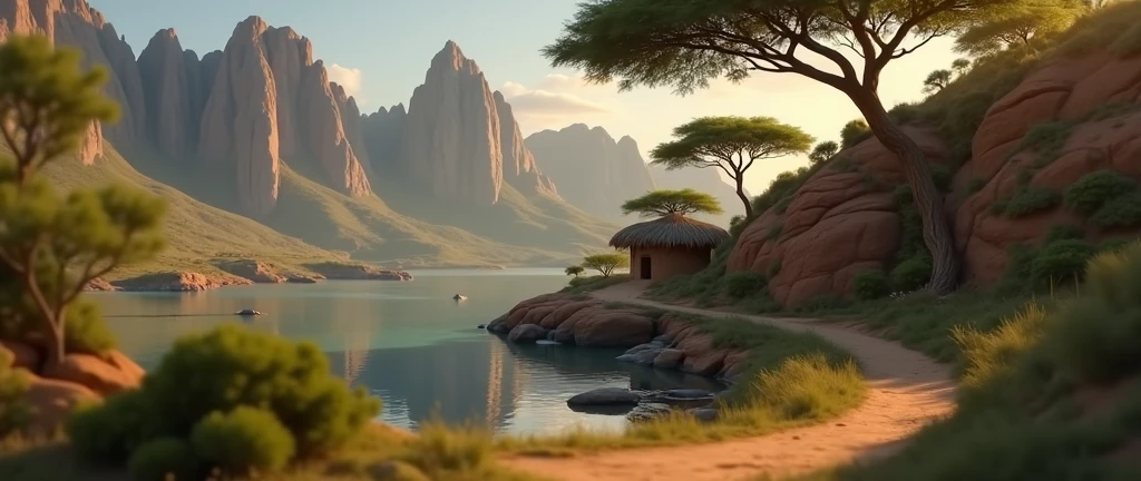 Disney style African wilderness scene, beautiful sunrise over a calm lake, very small African hut on one side of the scene, dramatic cinematic lighting, majestic rock formations, no animals or evil, breathtaking view, high detail, complete study of African languages (best quality, 4k, 8k, high resolution, masterpiece: 1.2), high detail, (realistic, realistic, photorealistic: 1.37), dramatic lighting, cinematic composition Pixar style close to animation, land area larger than the lake Trees and rocks Attention to precise theatrical perspective according to the studies of theatrical perspective Academy of Arts Dr. Louise Malika, high quality on the scale of theatrical design Clear details Greek character dominates the scene, animation style African tribe