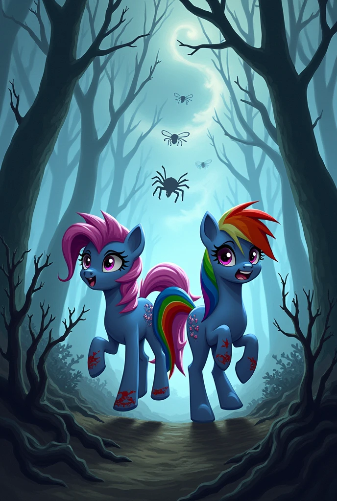 make a cartoon of rarity and rainbow dash from my little pony injured in a forest with weapons escaping from an apocalypse of carnivorous bugs 