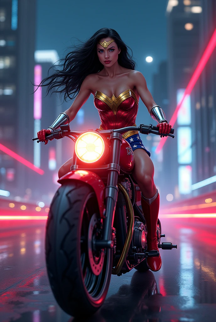 (8k, Photorealistic, Raw photo, Highest quality: 1.4),a beautiful Wonder Woman in blue eyes, black hair wearing Wonder Woman's tiara, red and gold bustier, blue leotard with white stars, ((silver wrist bracelets:1.2)), ((Red knee high boots:1.2)), golden belt with athletic and muscular body with big breasts, Hair Blowing in the wind,Clear blue eyes,Long eyelashes,(The future of large motorcycles(Akira)Riding),Driving on the Metropolitan Expressway at night,View from diagonally behind,Turning around and looking at the camera.Flowing red tail lights,(Full body snapshot)