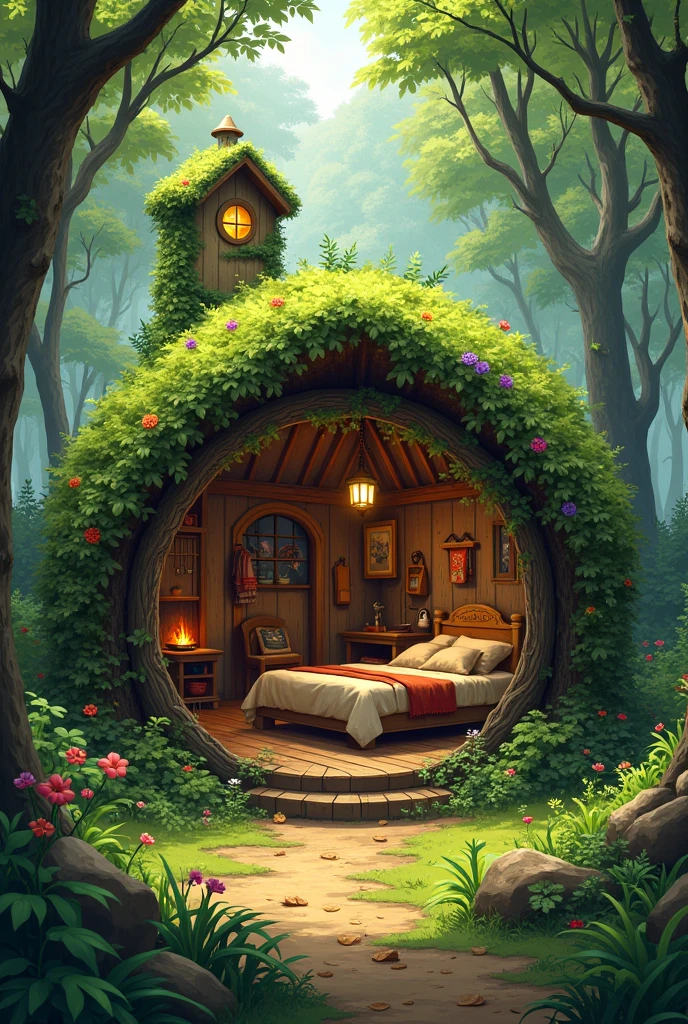 Create a realistic forest hideout image, camouflaging with plants and leaves. It should be a small, open, round house., a roof covered with grass and leaves, wooden wall and vine with flowers. Must have a large, round bed ,with branches and a fluffy blanket, a wooden table with chairs , a small closet, hooks and nets on the wall and a small fireplace inside