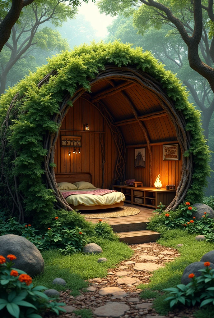 Create a realistic forest hideout image, camouflaging with plants and leaves. It should be a small, open, round house., a roof covered with grass and leaves, wooden wall and vine with flowers. Must have a large, round bed ,with branches and a fluffy blanket, a wooden table with chairs , a small closet, hooks and nets on the wall and a small fireplace inside