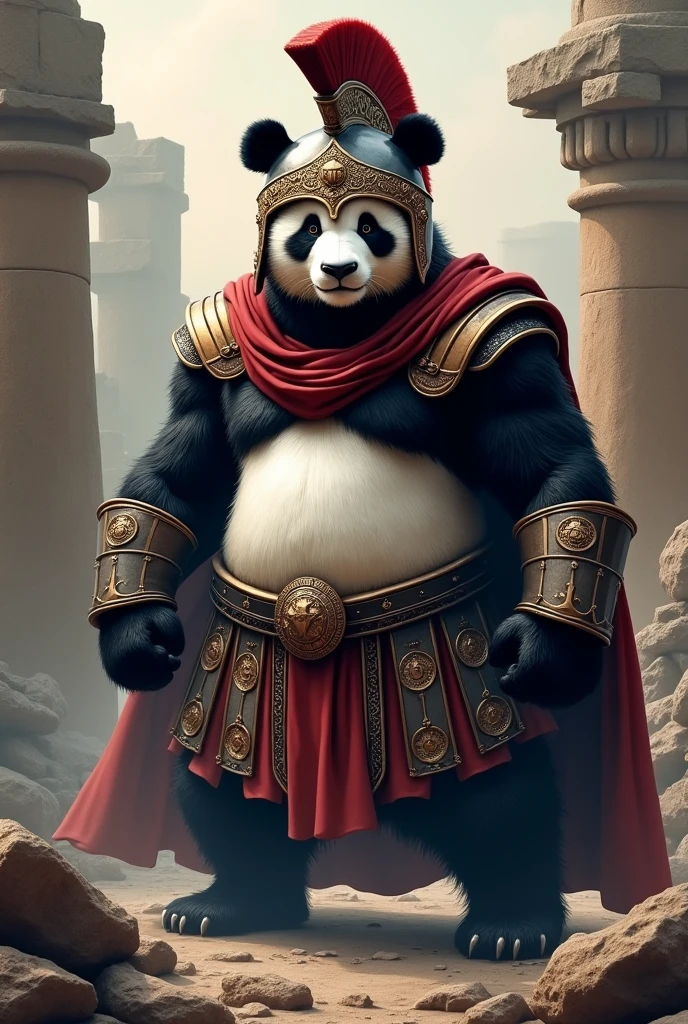 A logo of a Roman style warrior panda with a helmet