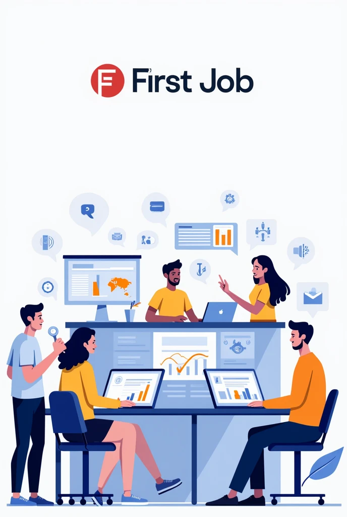 The image must represent an innovative digital platform focused on helping graduates and students of technological careers such as marketing., Graphic design, software development, and big data to find their first job. In the scene, is shown to young professionals, dressed casually but professionally, working in their specialties: one designing on a computer, another analyzing data, and a third developing code.
In the same image, you see small business owners, as a shop owner or a businessman, interacting with these young people, viewing their work in a platform interface. The environment is modern, technological, and collaborative, highlighting the accessibility and opportunity that the platform offers for both groups.
The background may include icons or graphics related to technology and digital work., as screens with graphics, digital communication icons, and design tools, para enfatizar el enfoque technological y profesional de la plataforma. besides, The logo of "Our First Job" may be present at the top of the image, reinforcing the identity of the platform.