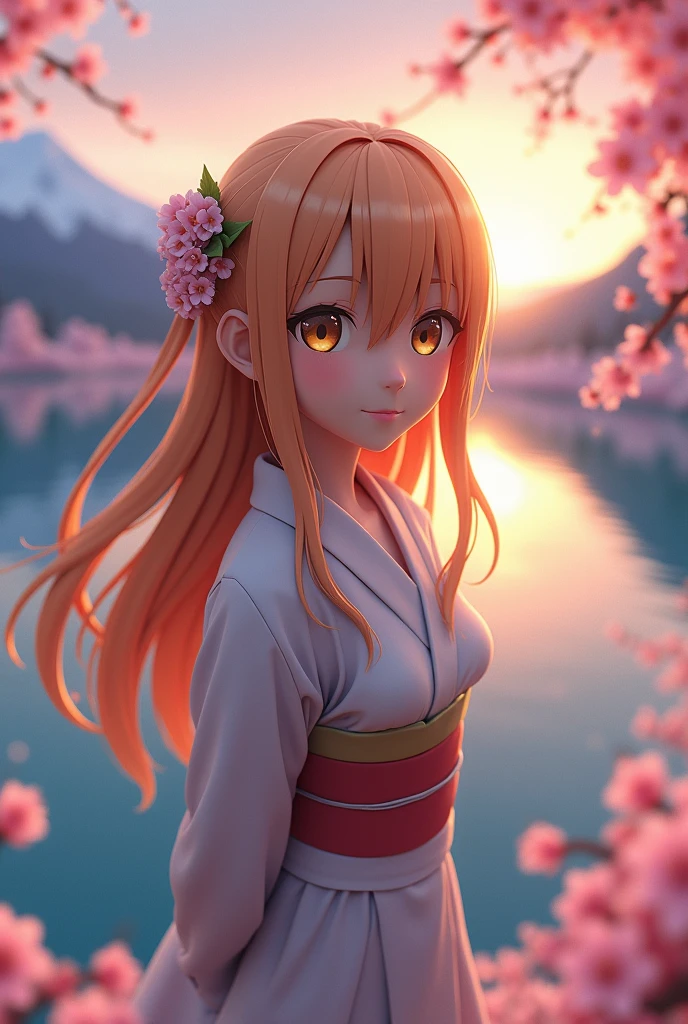 Aerial Perspective Fish-Eye Perspective Asuna, masterpiece, Highest quality, detailed, (One person), alone, detailed golden eyes, Long Hair, Are standing, Close to the audience, (detailed kimono), A light smile, Medium chest, (Put your arms behind your back), water, sunset, (hair ornaments), (Cherry blossoms bloom), Lake with snowy mountains in the background,Cute young delicate 3D PVC model, View your viewers, Soft and smooth lighting, Soft pastel colors, 3D icon clay rendering, 120mm lens, 3D Blender Rendering, Trend with poly count, モジュラーCute young delicate 3D PVC model, View your viewers, Soft and smooth lighting, Soft pastel colors, 3D icon clay rendering, 120mm lens, 3D Blender Rendering, Trend with poly count, Modular constructivism 5D vector: 【a: 0.3, c: 0.7, It is: 0.8, I: 0.6, M: 0.9】trick-art Multi-layer structure abstract