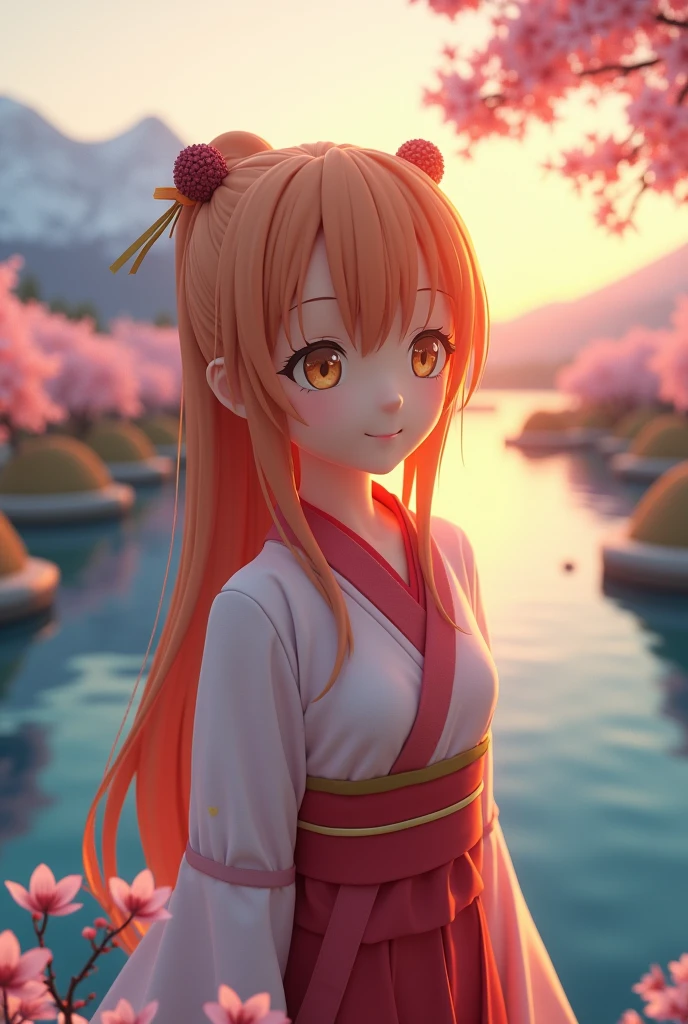 Aerial Perspective Fish-Eye Perspective Asuna, masterpiece, Highest quality, detailed, (One person), alone, detailed golden eyes, Long Hair, Are standing, Close to the audience, (detailed kimono), A light smile, Medium chest, (Put your arms behind your back), water, sunset, (hair ornaments), (Cherry blossoms bloom), Lake with snowy mountains in the background,Cute young delicate 3D PVC model, View your viewers, Soft and smooth lighting, Soft pastel colors, 3D icon clay rendering, 120mm lens, 3D Blender Rendering, Trend with poly count, モジュラーCute young delicate 3D PVC model, View your viewers, Soft and smooth lighting, Soft pastel colors, 3D icon clay rendering, 120mm lens, 3D Blender Rendering, Trend with poly count, Modular constructivism 5D vector: 【a: 0.3, c: 0.7, It is: 0.8, I: 0.6, M: 0.9】trick-art Multi-layer structure abstract