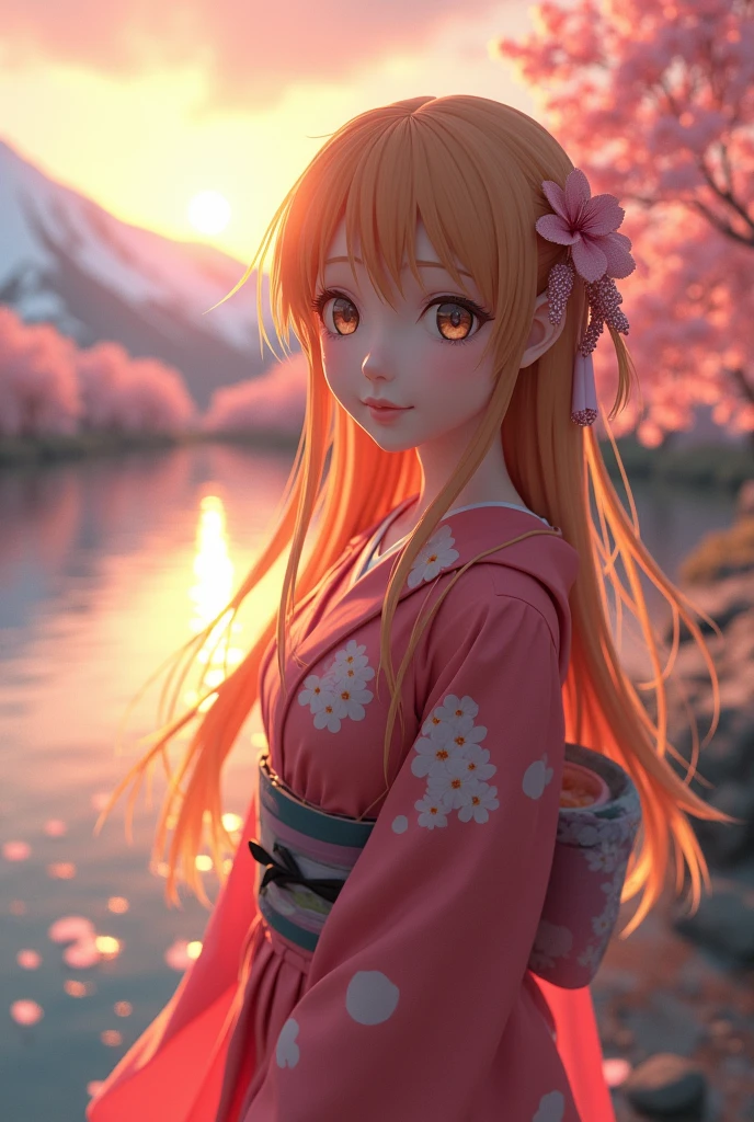 Aerial Perspective Fish-Eye Perspective Asuna, masterpiece, Highest quality, detailed, (One person), alone, detailed golden eyes, Long Hair, Are standing, Close to the audience, (detailed kimono), A light smile, Medium chest, (Put your arms behind your back), water, sunset, (hair ornaments), (Cherry blossoms bloom), Lake with snowy mountains in the background,Cute young delicate 3D PVC model, View your viewers, Soft and smooth lighting, Soft pastel colors, 3D icon clay rendering, 120mm lens, 3D Blender Rendering, Trend with poly count, モジュラーCute young delicate 3D PVC model, View your viewers, Soft and smooth lighting, Soft pastel colors, 3D icon clay rendering, 120mm lens, 3D Blender Rendering, Trend with poly count, Modular constructivism 5D vector: 【a: 0.3, c: 0.7, It is: 0.8, I: 0.6, M: 0.9】trick-art Multi-layer structure abstract