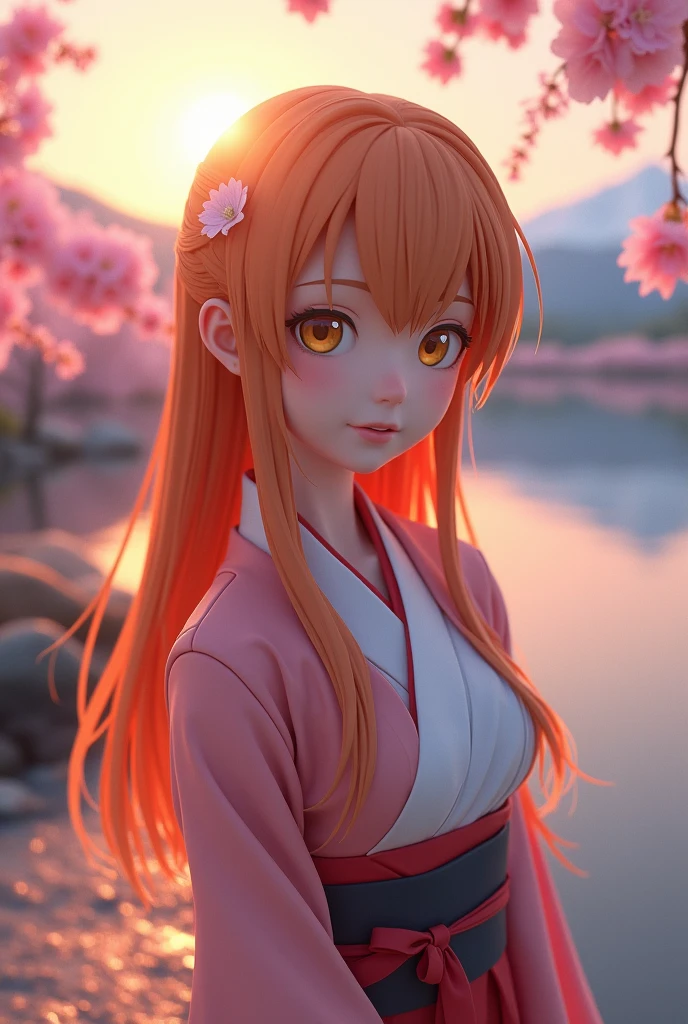 Aerial Perspective Fish-Eye Perspective Asuna, masterpiece, Highest quality, detailed, (One person), alone, detailed golden eyes, Long Hair, Are standing, Close to the audience, (detailed kimono), A light smile, Medium chest, (Put your arms behind your back), water, sunset, (hair ornaments), (Cherry blossoms bloom), Lake with snowy mountains in the background,Cute young delicate 3D PVC model, View your viewers, Soft and smooth lighting, Soft pastel colors, 3D icon clay rendering, 120mm lens, 3D Blender Rendering, Trend with poly count, モジュラーCute young delicate 3D PVC model, View your viewers, Soft and smooth lighting, Soft pastel colors, 3D icon clay rendering, 120mm lens, 3D Blender Rendering, Trend with poly count, Modular constructivism 5D vector: 【a: 0.3, c: 0.7, It is: 0.8, I: 0.6, M: 0.9】trick-art Multi-layer structure abstract