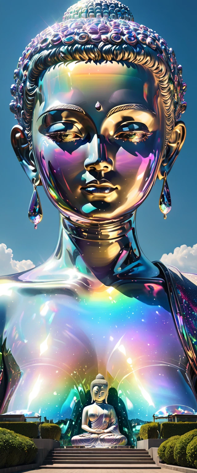 bust-up portrait, The huge transparent Buddha statue and shines iridescently in the sunlight, (ultra detailed, absolutely resolution, best quality:1.3), 2.5D, delicate and dynamic effects, iridescent glitter effects, artistic photography, hyper realistic, graphic CG digital art, conceptual installation art