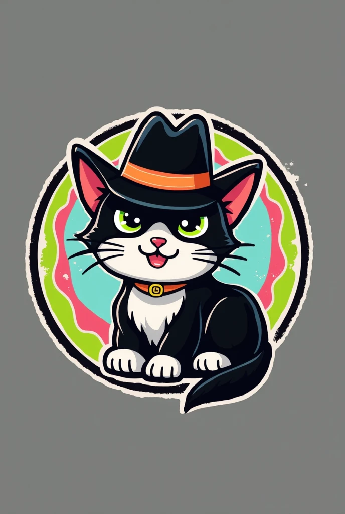 a cartoon style logo of a orange cat wearing a white cowboy hat, all within a circle with the lime green colors, pastel pink and sky blue with the word Kembong in Indonesian typography at the bottom