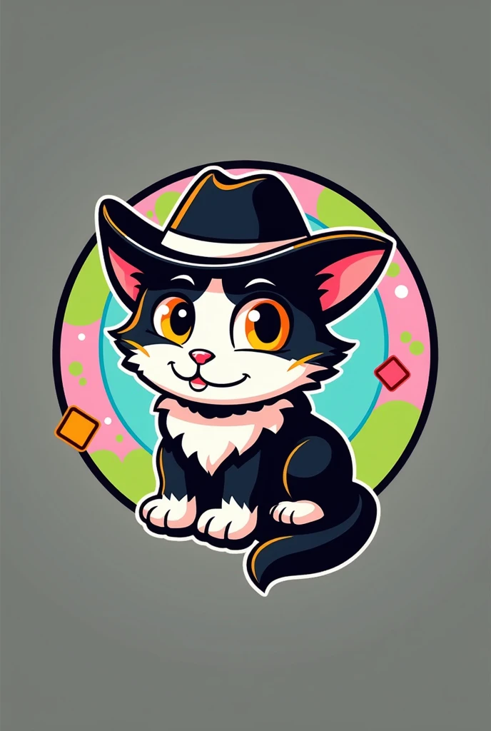 a cartoon style logo of a orange cat wearing a white cowboy hat, all within a circle with the lime green colors, pastel pink and sky blue with the word Kembong in Indonesian typography at the bottom