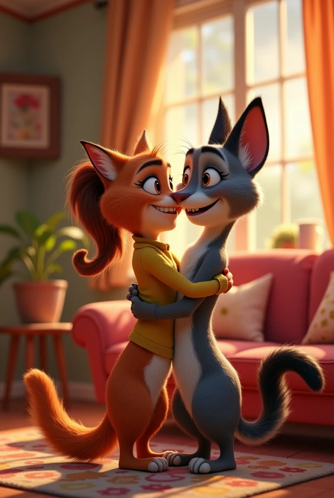 there is a cartoon cat and a woman hugging in a living room, animated movie, 3 d animated movie, animated movie still, new cats movie, animated film, in zootopia city, in style of disney animation, zootopia movie style, movie promotional image, realistic cartoon, animated movie scene, 3 d cartoon, 8 k cartoon illustration, in cartoon style