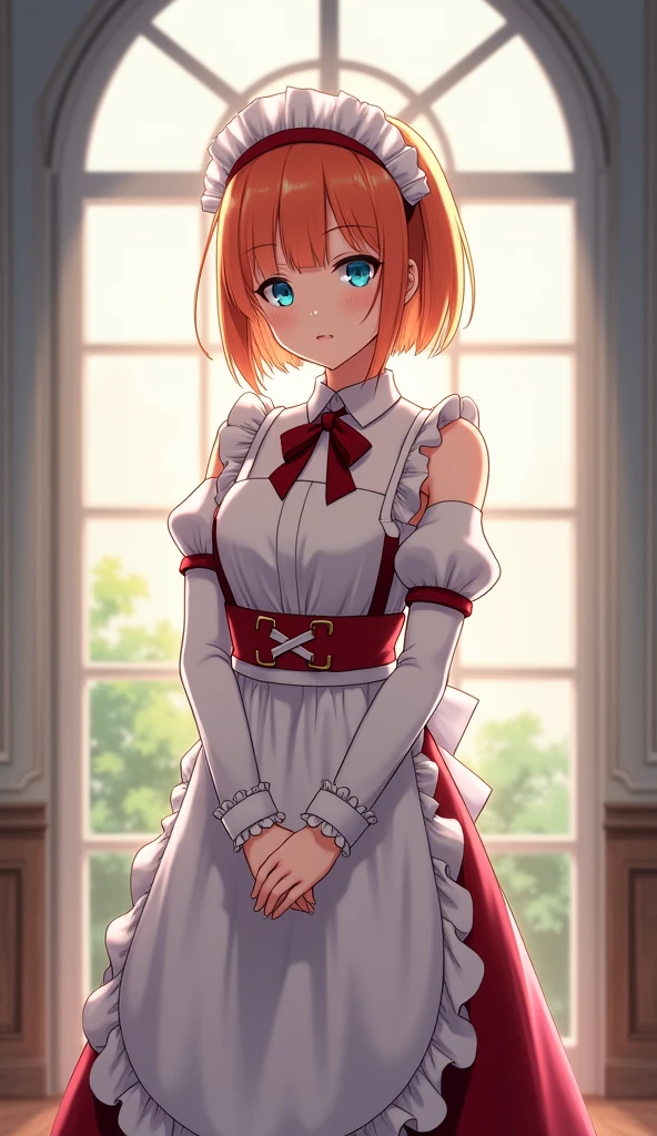 work of art,best qualityer,アニメ,(2d:1.2),Inside the house, ,  1 girl, roswaal mansion housekeeper uniform, standing alone, housekeeper, cyan blue eyes, shorth hair,弓 hairband, hair between the eyes, detached sleeves, looking ahead at viewer, red hair band,cinta, bangss, looking back, 弓, hair orange,red cinta, black sleeves, window, long sleeves, apron, white 弓, volantes,cinta trim,drlight smile, own hands together,