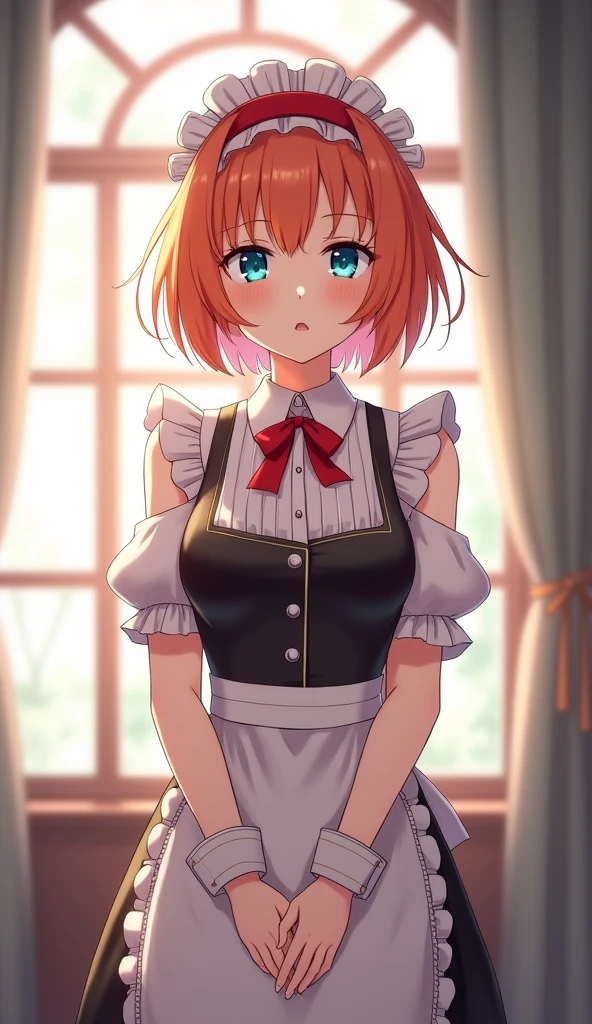 work of art,best qualityer,アニメ,(2d:1.2),Inside the house, , 1 girl, roswaal mansion housekeeper uniform, standing alone, housekeeper, cyan blue eyes, shorth hair,弓 hairband, hair between the eyes, detached sleeves, looking ahead at viewer, red hair band,cinta, bangss, looking back, 弓, hair orange,red cinta, black sleeves, window, long sleeves, apron, white 弓, volantes,cinta trim,drlight smile, own hands together,