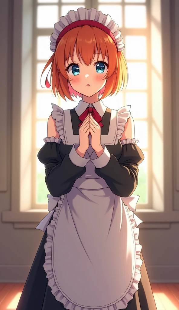 work of art,best qualityer,アニメ,(2d:1.2),Inside the house, , 1 girl, roswaal mansion housekeeper uniform, standing alone, housekeeper, cyan blue eyes, shorth hair,弓 hairband, hair between the eyes, detached sleeves, looking ahead at viewer, red hair band,cinta, bangss, looking back, 弓, hair orange,red cinta, black sleeves, window, long sleeves, apron, white 弓, volantes,cinta trim,drlight smile, own hands together,