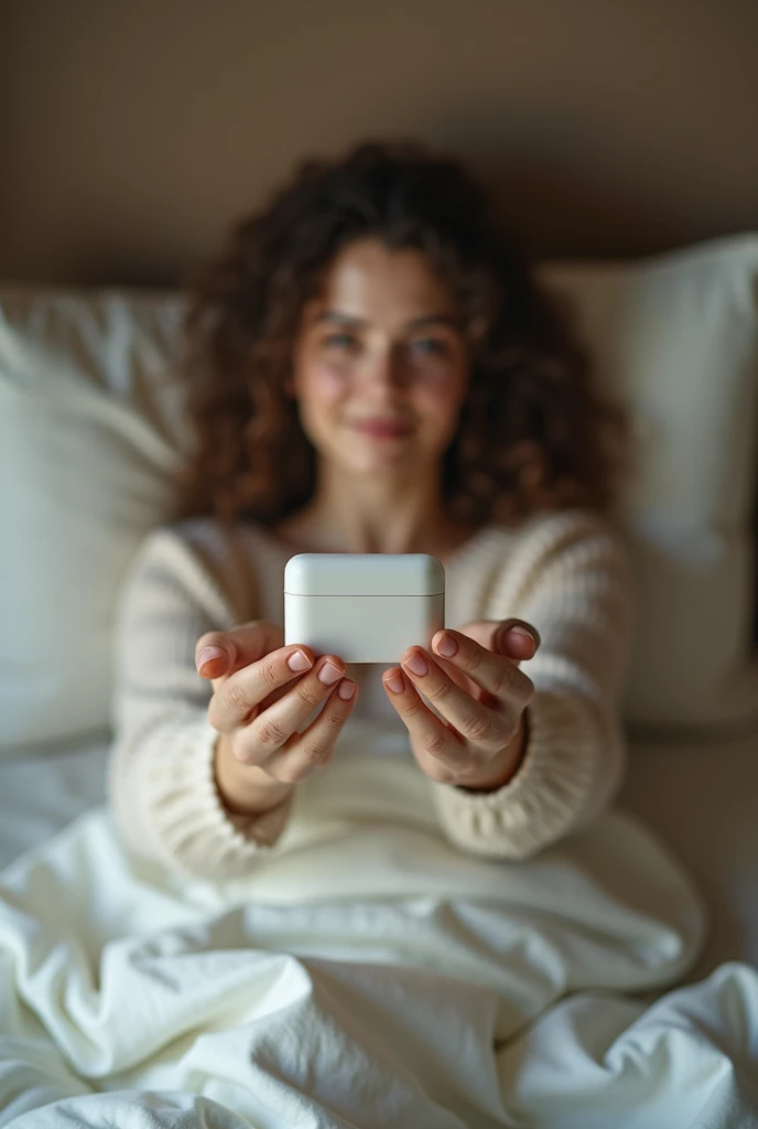 scene of a woman lying on the bed with her hands up to display a product (just dirty hands, no need for a photo of the product there). Her hands are up so I can put the product there.