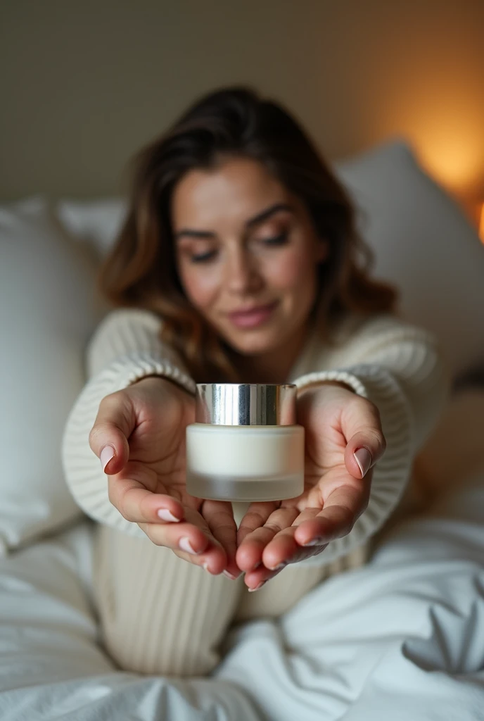 scene of a woman lying on the bed with her hands up to display a product (just dirty hands, no need for a photo of the product there). Her hands are up so I can put the product there.