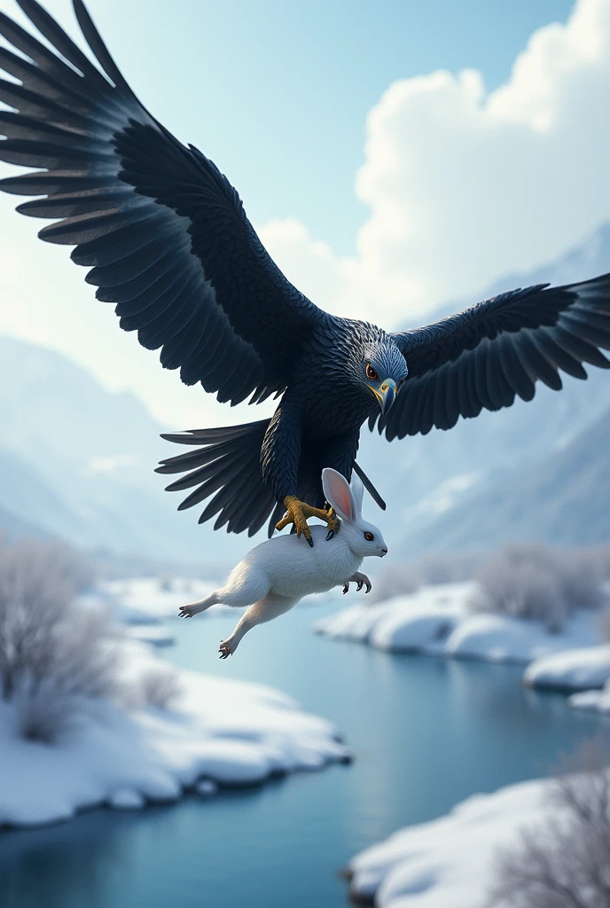 The black eagle put the white rabbit and fly in to the sky ai image and throw in side the snow river ai image