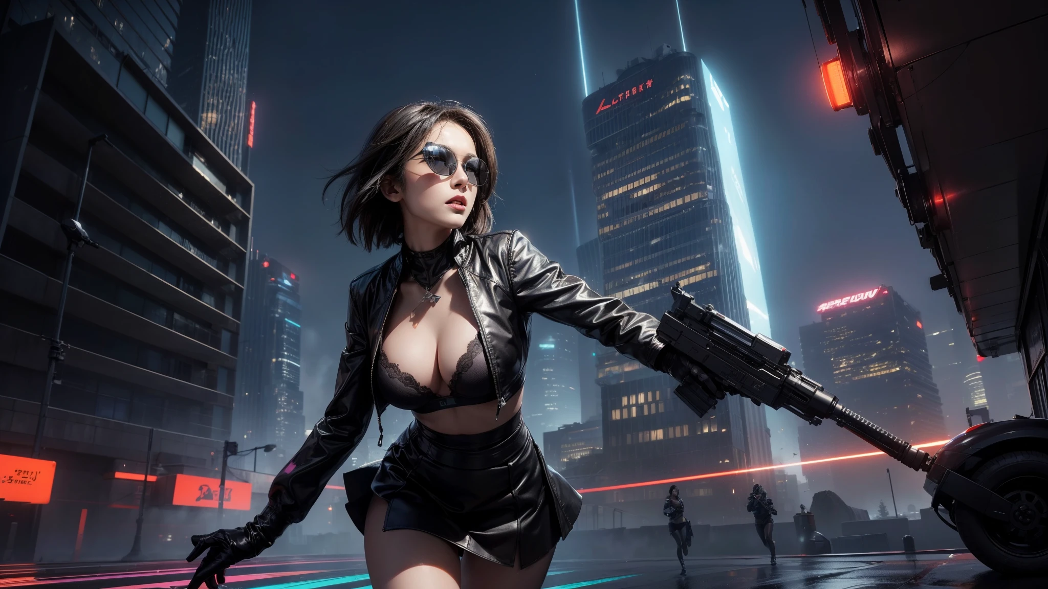 (low angle view) of futuristic city, hologram neon buildings, flying cars, 3d rendering Beeple. At night, (1girl, solo, alone), photorealistic, medium-breast slim:0.6 body, oval:0.5 face, cleavage:1.1, sexy black laced bra, (miniskirt), white laced panty, coat, (black micro sunglasses), (holding a short gun), slightly leaning forward running pose, ((half-body thigh level medium shot)), cinematic lighting, ray tracing.