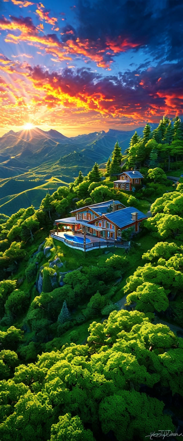 summer sky,photorrealistic,highly realistic,extremely details,stunningly lifelike,high contrast realism,high saturation realism,swirly vibrant colors,dramatic lighting,captivating landscape,compelling narrative,atmospheric scene,Mesmerizing visuals,details Intricate,strong emotions,beleza celestial,dream world,house on the mountain,sunrise, TREES! white clouds!