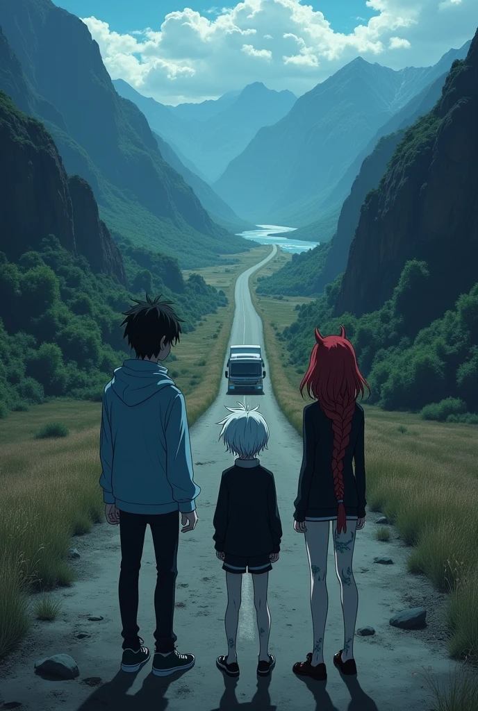 The image is anime style cowboy bebop and Darker than black with shadows and dim lights, anime style although somewhat adult and dark, It shows a rural road, where a truck cuts through the mountains, the view of the image is aerial. in the middle of a valley, where you can see mountains and a river below, on a vacant lot, very far, You can see a young man wearing a light blue jacket and an albino woman wearing a black sweater and minishorts.. both, They are standing on the other end to a red-haired demon girl who has her hair in a large braid, He has a tattooed body and a single horn.