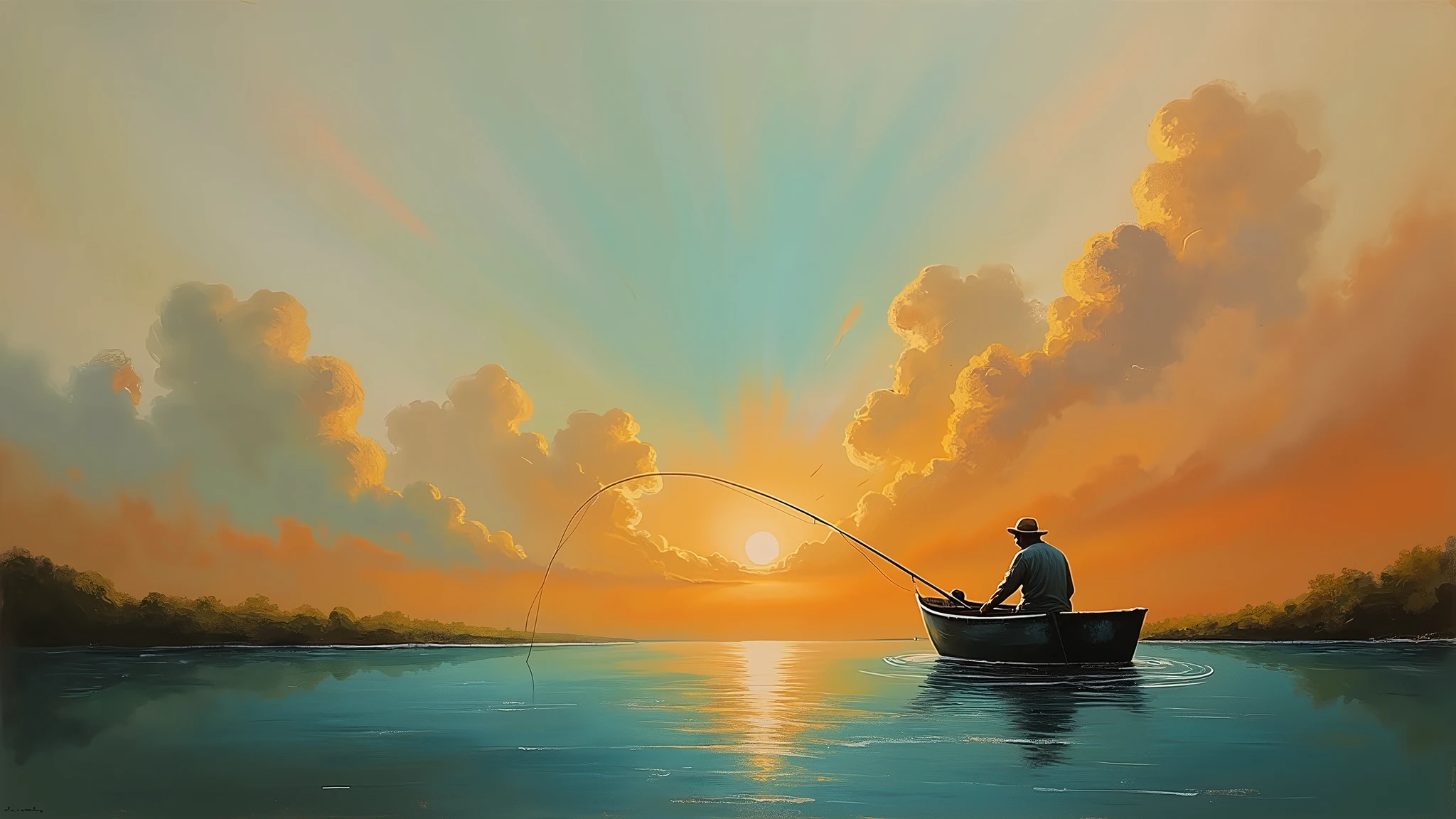 ( a man fishing on a boat) a thick textured oil painting, impasto brushstrokes, dry brushing,revealing underlayers, abstract landscape, moody lighting, dramatic shadows, muted earthy colors, vibrant colors, highly detailed, masterpiece,