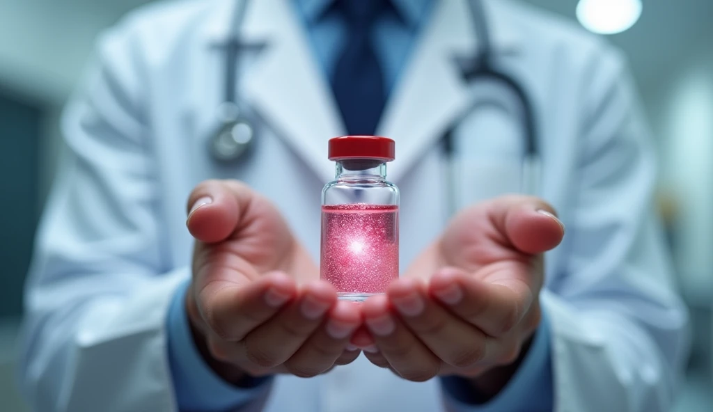 Illustration of a new, innovative measles vaccine vial. The vial is transparent, showcasing a vibrant liquid with a subtle shimmer, representing the fortified nature of the product. The background depicts a doctor holding the vial, conveying a sense of trust and medical expertise.