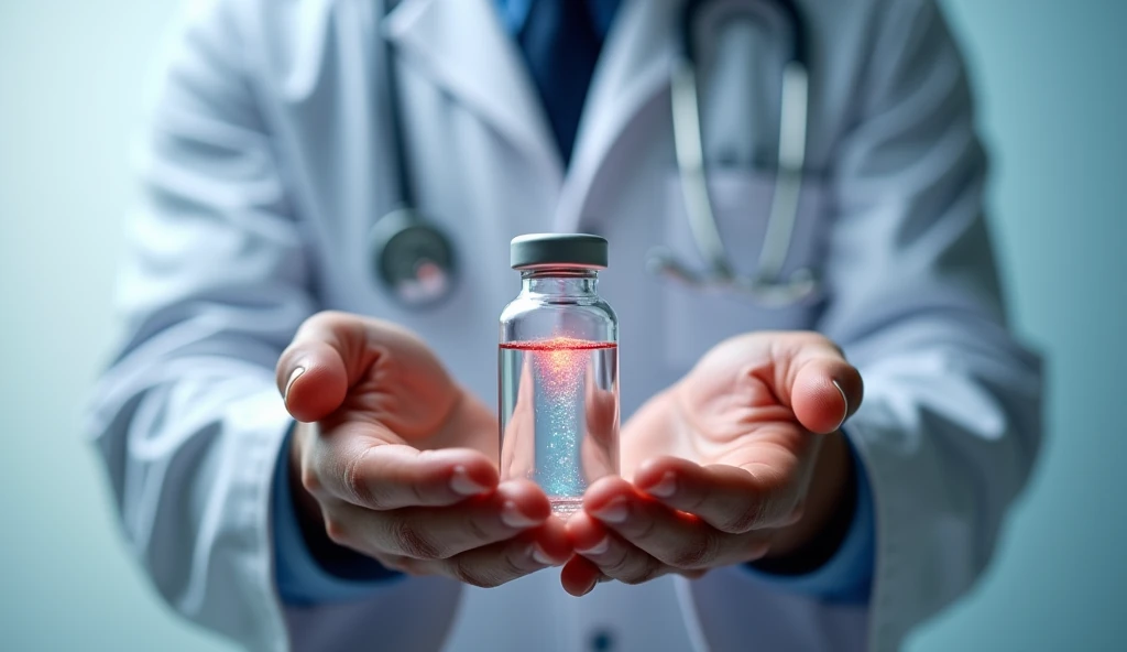 Illustration of a new, innovative measles vaccine vial. The vial is transparent, showcasing a vibrant liquid with a subtle shimmer, representing the fortified nature of the product. The background depicts a doctor holding the vial, conveying a sense of trust and medical expertise.