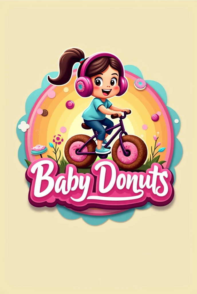 Well, I want a typical logo for a cake shop that has the word baby donuts as a reference, with a young girl in the background on a bike with donut wheels and donut headphones, so that it is more colorful and more eye-catching for all types of public. 