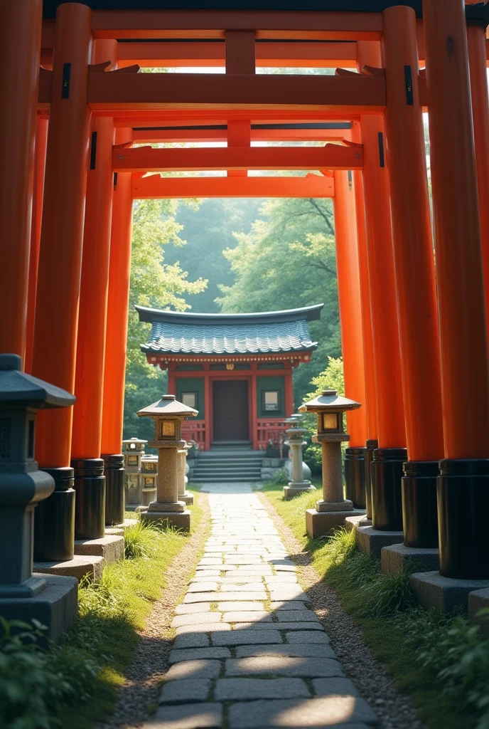 「A realistic depiction of a quiet corner of Kyoto's Fushimi Inari Taisha Shrine。A quiet shrine building smaller than the main hall、wood々Quietly nestled in、Surrounded by countless red torii gates。The road leading to the shrine、Alongside the moss-covered stone lantern、The sound of leaves rustling in the wind echoes quietly。The atmosphere is quiet and sacred.、wood々soft sunlight peeks through the gap,、Casting a gentle shadow on the cobblestone road。Near the shrine、There are several fox statues representing messengers of the Inari god.、Adds a mystical atmosphere to the tranquil surroundings