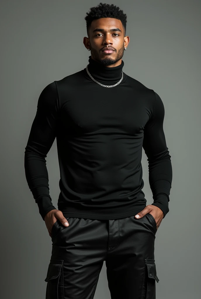 A man wear black cargo and turtle neck full sleeves tshirt and chain on their neck