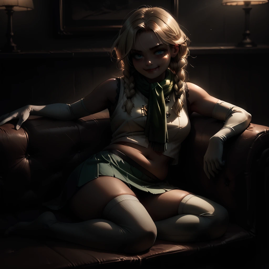 (1girl), 1 girl reclining on couch,  ((smug expression)) (add_detail:1), lush hair, 1girl, blonde braids, (green neck scarf, white vest, green skirt, white elbow gloves, white thigh high socks,) blue eyes, , dramatic lighting, detailed skin texture, volumetric lighting, belly overhang