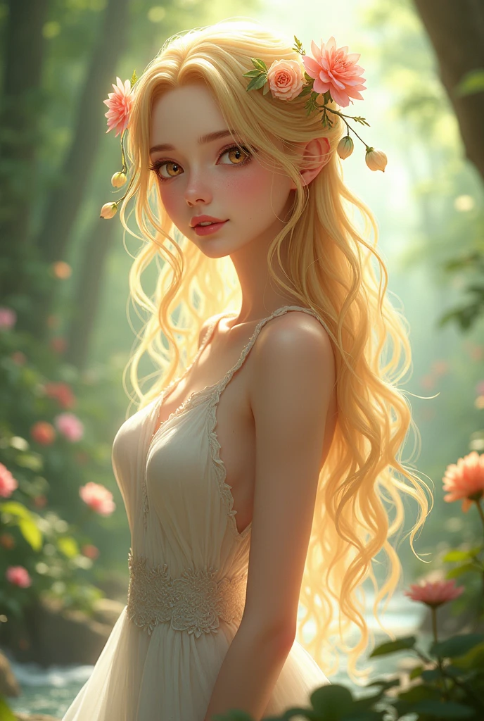 Super beautiful blonde anime nymph girl