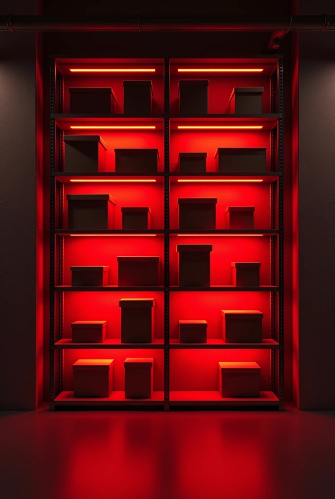 I want an image of shelves with boxes and red lighting ,but empty at the top