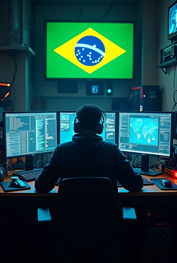 A hacker with 3 monitors and the Brazilian flag above them
