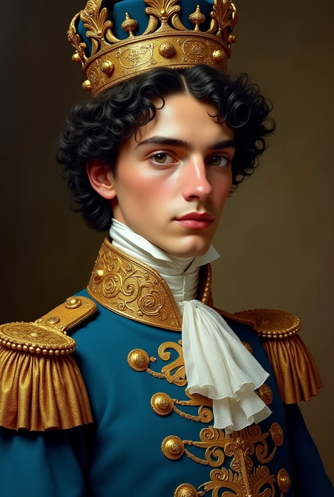 make an oil on canvas portrait of a 2 italian prince, he have black curly hair, wear a crown and a Savoy blue cerimonial clothes of prince, have brown eyes and olive skin, he is from victorian era, he looks like the young version of the actor who played Geralt of Rivia in The Witcher series