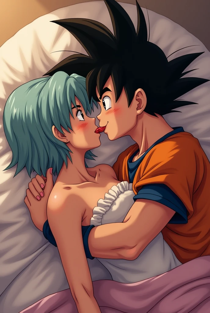 Goku kissing Bulma with tongue and having sex naked in bed, both blushing and out of breath, making love